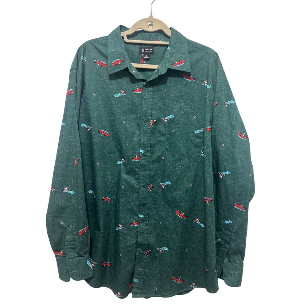 Haggar Clothing Men's Surfing Santa 100% Cotton Button Down Holiday Shirt Large